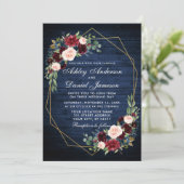 Hochzeitsflora Blau geometrisches Gold Foto zurück Einladung (Stehend Vorderseite)