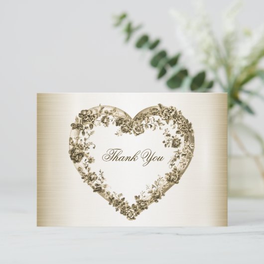 Hochzeitsflora Golden Verziert Heart Frame Elegant Dankeskarte (Stehend Vorderseite)