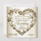 Hochzeitsflora Golden Verziert Heart Frame Elegant Einladung (Vorderseite)