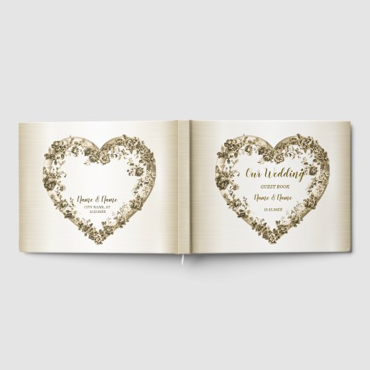 Hochzeitsflora Golden Verziert Heart Frame Elegant Gästebuch (Voll)