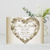 Hochzeitsflora Golden Verziert Heart Frame Elegant Save The Date (Stehend Vorderseite)