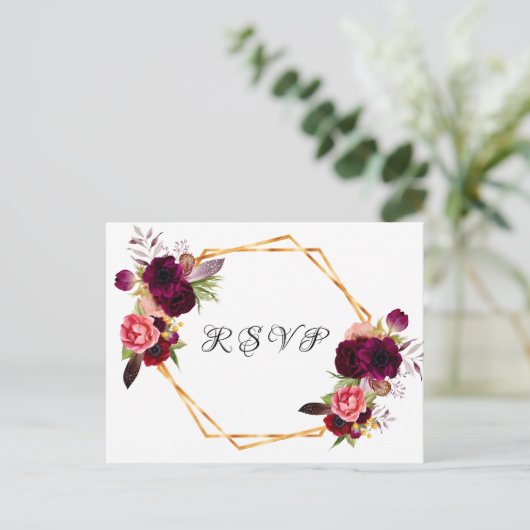 Hochzeitsflorale bordeauxfarbene, geometrische Sal Einladungspostkarte (Stehend Vorderseite)