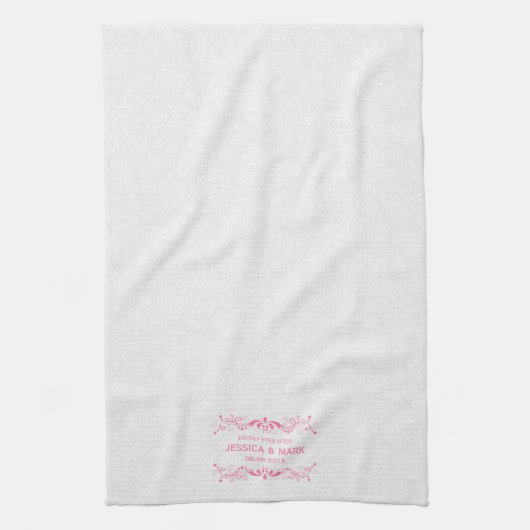 Hochzeitsflorrosa Spitze auf weißen Damasken Geschirrtuch (Vertikal)