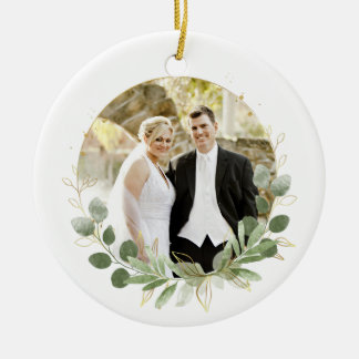 Hochzeitsfoto-Andenken Elegantes Weiß & Blätter Keramik Ornament