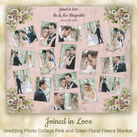 Hochzeitsfoto Collage Pink + Grüner Blumenstrauß Fleecedecke