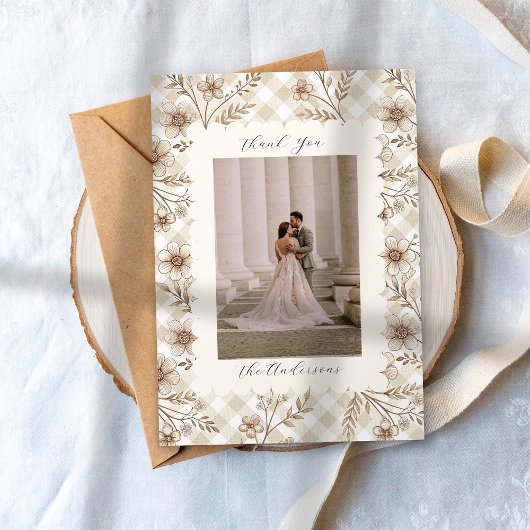 Hochzeitsfoto Gast Dankeschön Gingham Blumen Dankeskarte