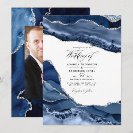 Hochzeitsfoto in Navy und Silber-Achat-Optik Einladung
