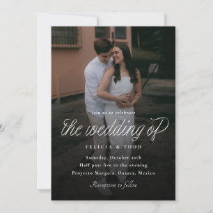 Hochzeitsfoto mit minimalistischer Ribbon-Schrift Einladung