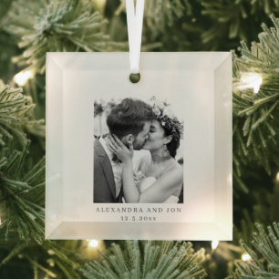 Hochzeitsfoto Paarname Datum Erstes Weihnachten Ornament Aus Glas