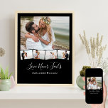Hochzeitsfotocollage Zigzag Picture Strip Custom Poster<br><div class="desc">Hochzeitsposter mit personalisiertem Foto und Zickzackbild. Die Vorlage ist für fünf Fotos aufgerüstet - das Foto wird als Hintergrund verwendet und die restlichen 4 Fotos werden in einem Zickzack-Bilderstreifen unten dargestellt. Dieses Design hat einen schwarzen Hintergrund,  schwarze Fotorahmen und elegante weiße Typografie,  die vollständig editierbar ist.</div>