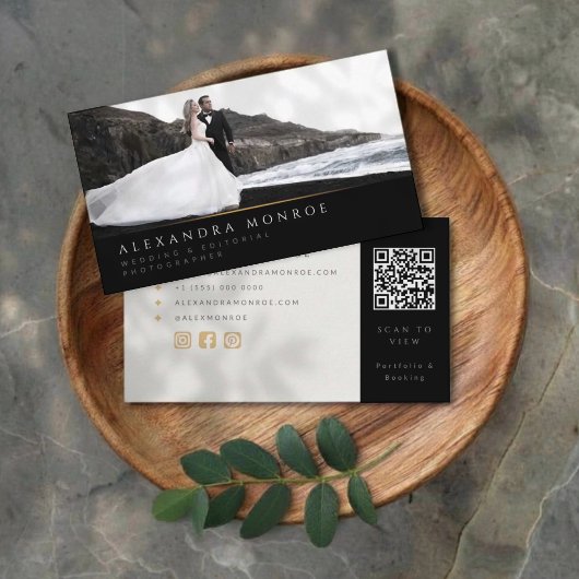 Hochzeitsfotograf Schwarz & Gold QR-Code Visitenkarte