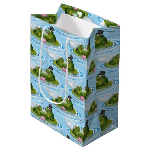 Hochzeitsfrosche auf Lily Pad mit Herz Mittlere Geschenktüte (Vorderseite Schrägansicht)