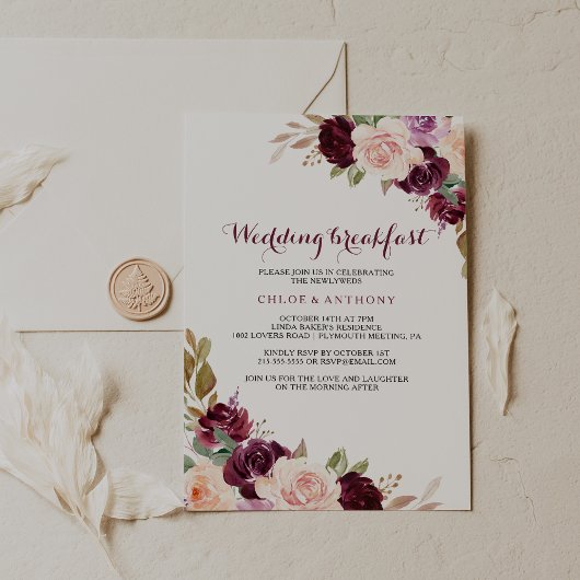 Hochzeitsfrühstück "Green Blush Burgundy Floral" Einladung