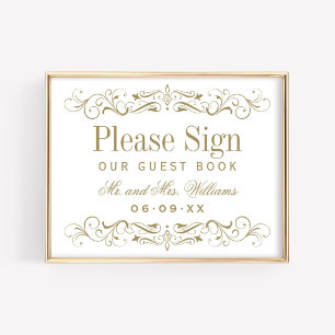 Hochzeitsgästebuch-Schild mit vintage-goldener Orn