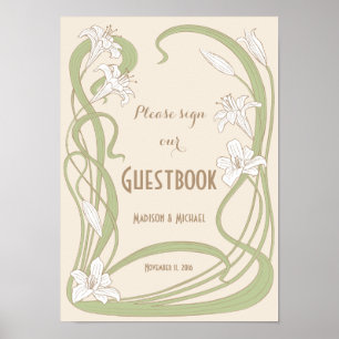 Hochzeitsgästebuch-Schild mit weißen Lilien Poster