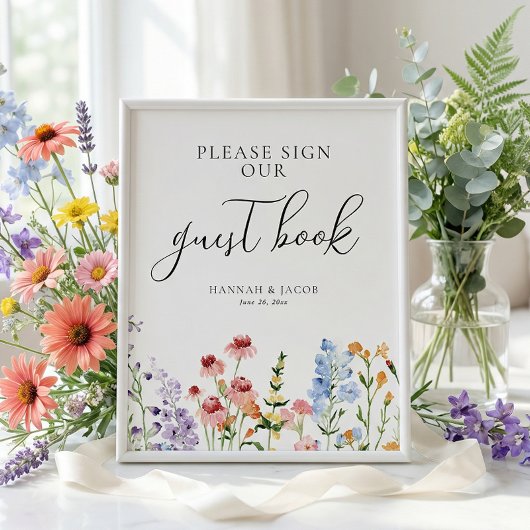 Hochzeitsgästebuch-Schild mit Wiesenwildblumen Poster