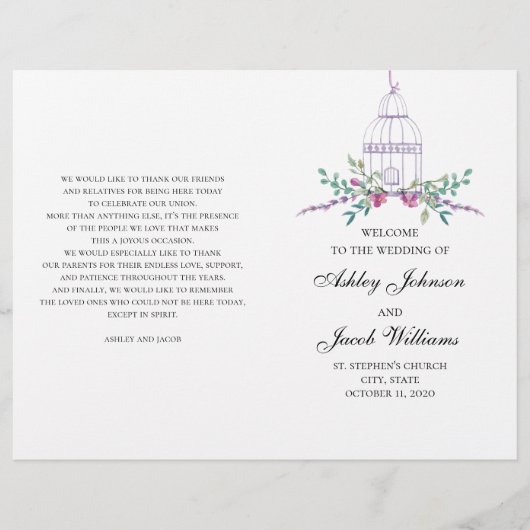 Hochzeitsgeburtenprogramm gefaltet. Purpurblumen (Vorderseite)