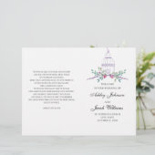 Hochzeitsgeburtenprogramm gefaltet. Purpurblumen (Stehend Vorderseite)