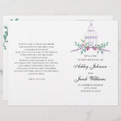 Hochzeitsgeburtenprogramm gefaltet. Purpurblumen (Vorne/Hinten)