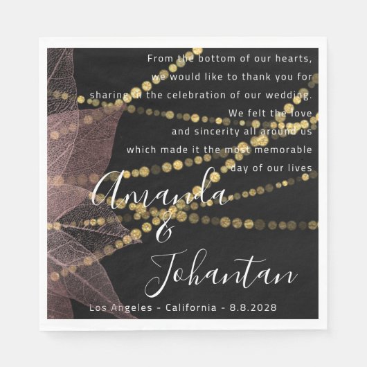 Hochzeitsgedicht "Floral Gold Name Rose Black" Serviette (Vorderseite)