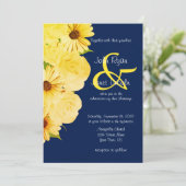 Hochzeitsgelbe Rosen & Daisien auf dunkelblau Einladung (Stehend Vorderseite)