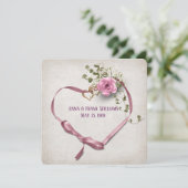 Hochzeitsgeschenk Erneuerung rosa Band Herz mit Ri Einladung (Stehend Vorderseite)