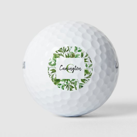 Hochzeitsgeschenk mit Blatt-Monogramm und Namen na Golfball (Vorderseite)