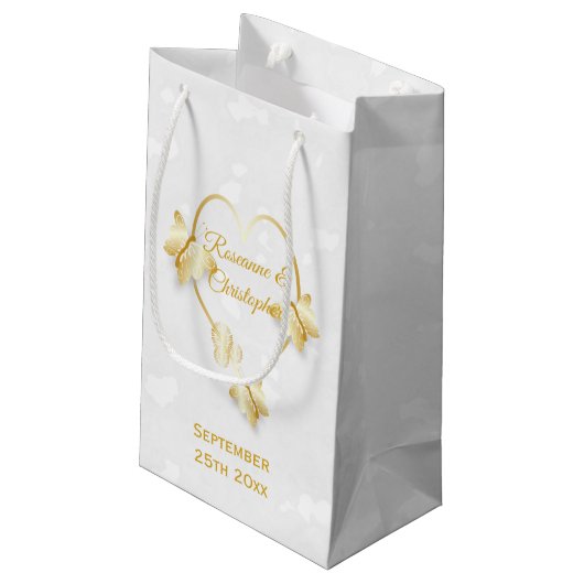 Hochzeitsgeschenk Tasche Gold farbige Herzklopfen Kleine Geschenktüte (Rückseite Schrägansicht)
