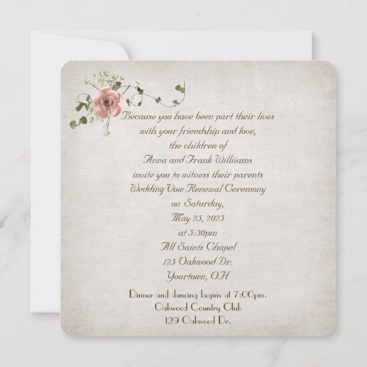 Hochzeitsgeschenk-Verlängerungsband Herz mit Ringe Einladung (Rückseite)