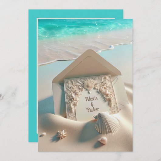 Hochzeitsgeschichten in Strandsand Einladung (Vorne/Hinten)