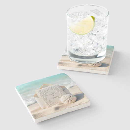 Hochzeitsgeschosse mit Strand Sand Dollar Steinuntersetzer (Seitenansicht)