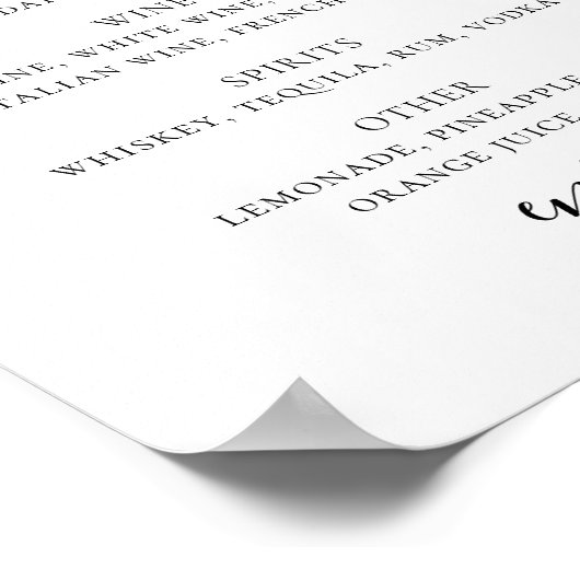 Hochzeitsgetränke Bar-Menü mit Schwarzweiß-Schrift Poster (Ecke)