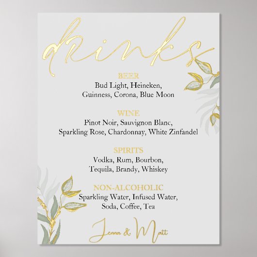 Hochzeitsgetränke Bar signieren Wasserfarben-Blätt Foliendrucke (Vorderseite)