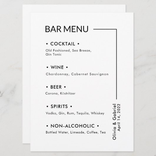 Hochzeitsgetränke. Einfaches, modernes Bar Menu Menükarte (Vorne/Hinten)
