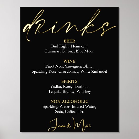 Hochzeitsgetränke Schwarzes Bar Menu Foil Prints Foliendrucke (Vorderseite)