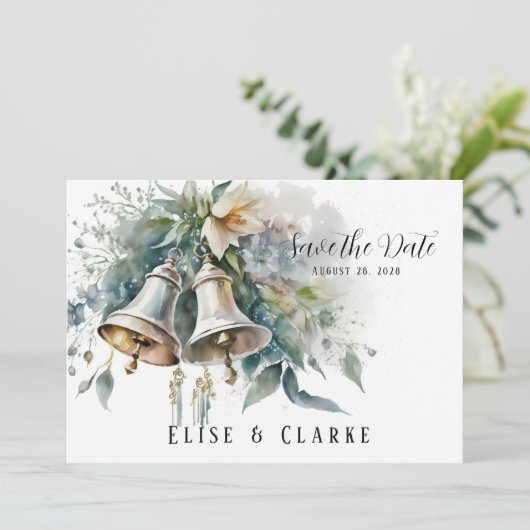Hochzeitsglocken und Peony Wedding retten das Datu Einladung (Stehend Vorderseite)