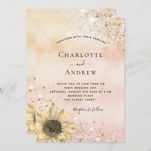 Hochzeitsgolden Rose rustikale Sonnenblumen Glitze Einladung (Vorne/Hinten)