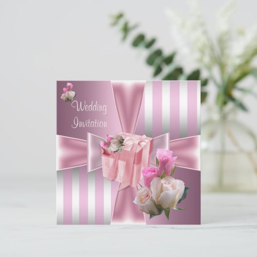 Hochzeitsgrau Hübsch Satin Pink Silver Stripe Bow Einladung (Stehend Vorderseite)