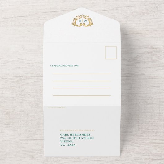 Hochzeitsgrauweißes Ziergold-Monogramm All In One Einladung (Außenbereich)