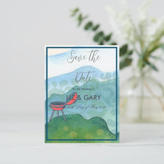 Hochzeitsgrill - Save the Date Postkarte (Stehend Vorderseite)