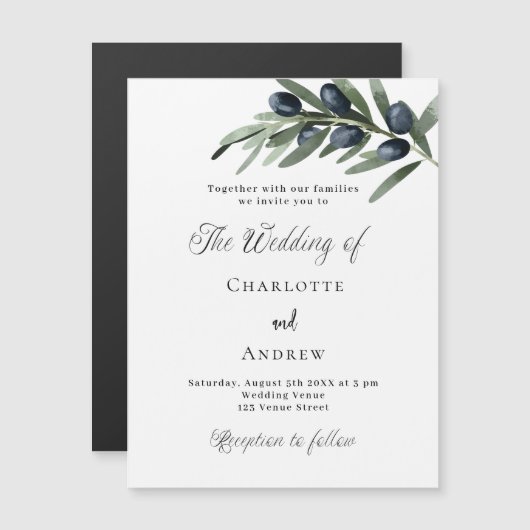 Hochzeitsgrün Oliven Blätter einfache Skripte Luxu Magneteinladung (Vorne/Hinten)