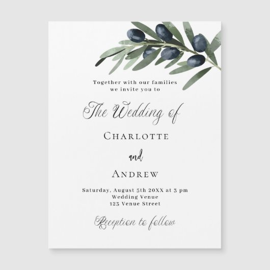 Hochzeitsgrün Oliven Blätter einfache Skripte Luxu Magneteinladung (Vorderseite)