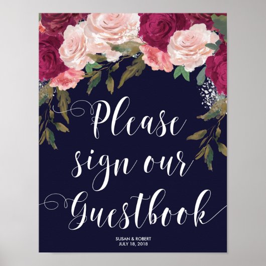 Hochzeitsguestbook Marinebild Rosa Blumengestein Poster (Vorne)