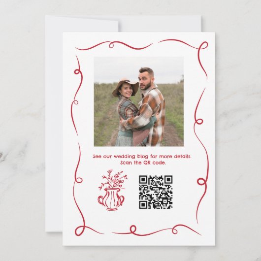 Hochzeitshandgezeichneter Whimsical Red QR Code Einladung (Rückseite)