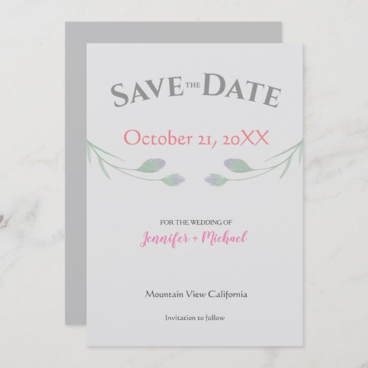 Hochzeitsheirat Minimalistisch Chic Gray Floral Save The Date (Vorne/Hinten)