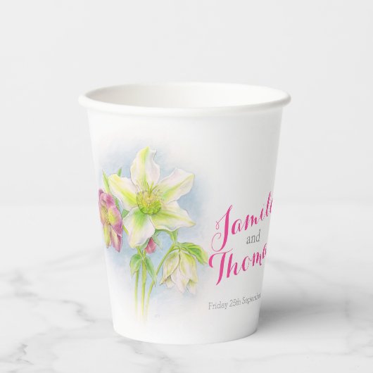 Hochzeitshellebohrer, grün, rosa, blühende Wasserf Pappbecher (Vorderseite)