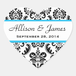 Hochzeitsherz Damask Black and White Blue A05 Herz-Aufkleber