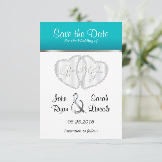 Hochzeitsherzen auf Türkis - Save the Date (Stehend Vorderseite)