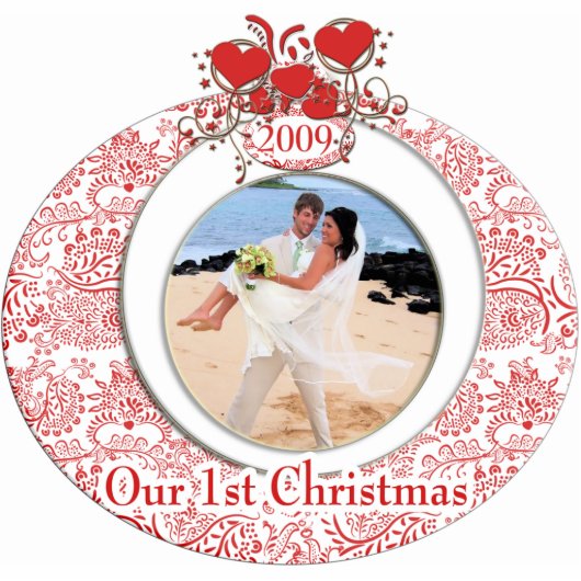 Hochzeitsherzen Ornament Unser 1. Weihnachten Fotoskulptur Ornament (Vorne)