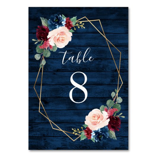 Hochzeitshochzeiten von Navy und Burgund Gold Blus Tischnummer (Rückseite)
